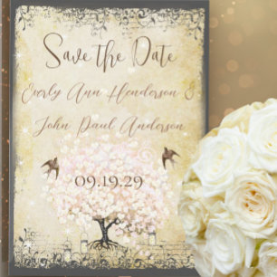 Herzblatt-Rosa-Baum Vintage-Vogel Save-the-Date Save The Date