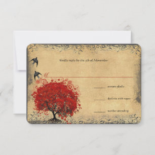 Herzblatt Roter Baum Vintage Vögel Hochzeit RSVP Karte
