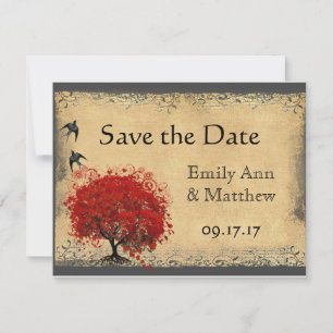 Herzblatt Roter Baum Vintage Vogel Save the Date