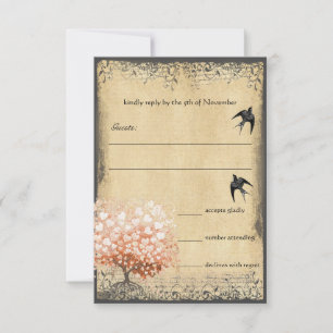 Herzblattbaum Licht Korallen Vögel Hochzeit Antwor RSVP Karte