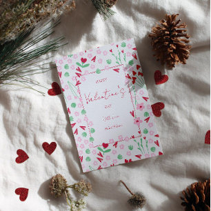 Herzblütenwiese auf Weiß – Rosa und Rotes Valentin Feiertagskarte