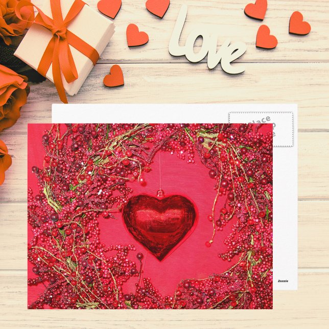 Herzdekorationen in einem Kranz Postkarte (Heart Ornaments in a Beaded Wreath Postcard)