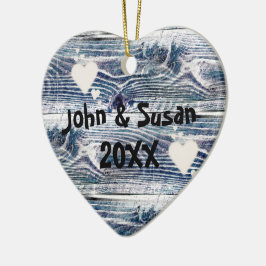 Herzen auf Holz, Frohe Festtage Keramik Ornament