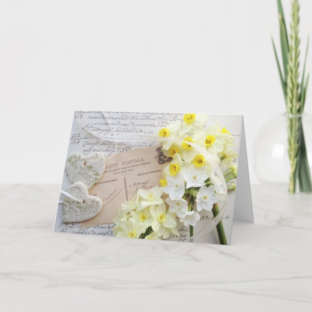 Herzen, Frühlingsblumen, alter Muttertag nach der  Karte (Vorderseite)