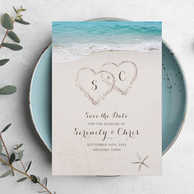 Herzen im Sandstrand Datum speichern Save The Date (Hearts in the sand beach save the date)
