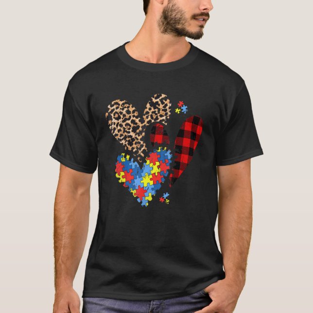 Herzen Leopard Büffel Kariert Autismus-Bewusstsein T-Shirt (Vorderseite)