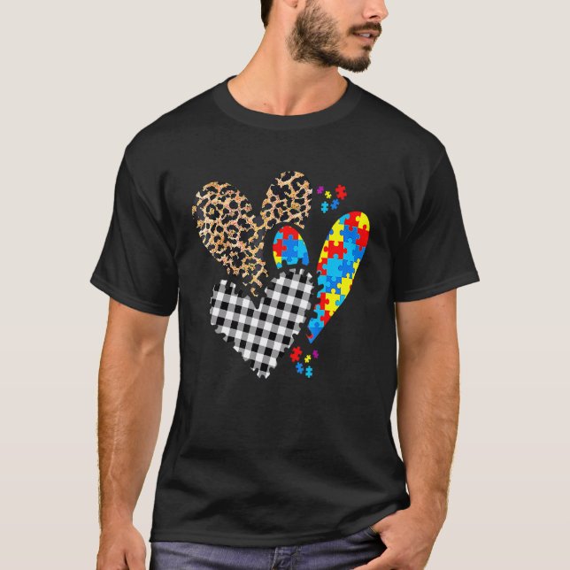 Herzen Leopard Büffel Karo Autismus-Bewusstsein Fr T-Shirt (Vorderseite)