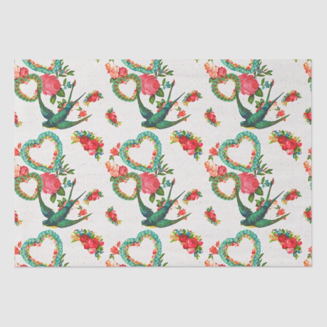 Herzen, Rose und Hummingvögel Vintag Seidenpapier (Vorderseite)