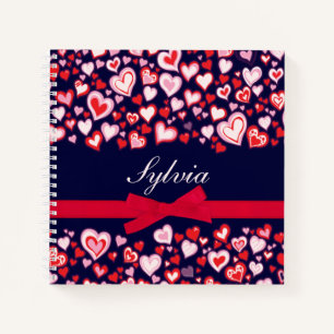Herzen rot pink, lila und navy Namensband Notizbuch