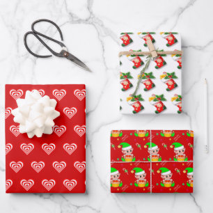 Herzen, Strümpfe und Weihnachtself auf Rot Geschenkpapier Set