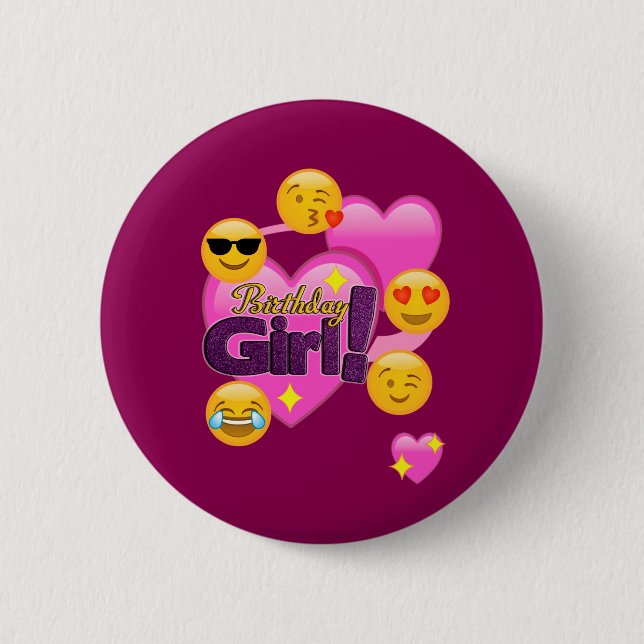 Herzen u. Emojis Geburtstags-Mädchen Button (Vorderseite)
