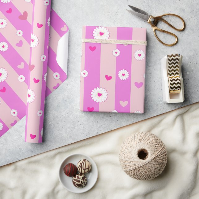 Herzen und Blumenstreifen Geschenkpapier (Kunsthandwerk)