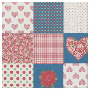 Herzen und rote Rosen Faux-Patchwork-Musterstoff Stoff