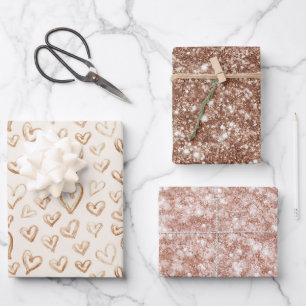 Herzen Valentinstag Liebe Creme Braun Rosa Glitter Geschenkpapier Set