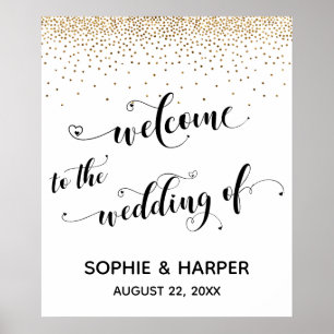 Herzen Willkommen zur Hochzeit Gold Konfetti Schil Poster