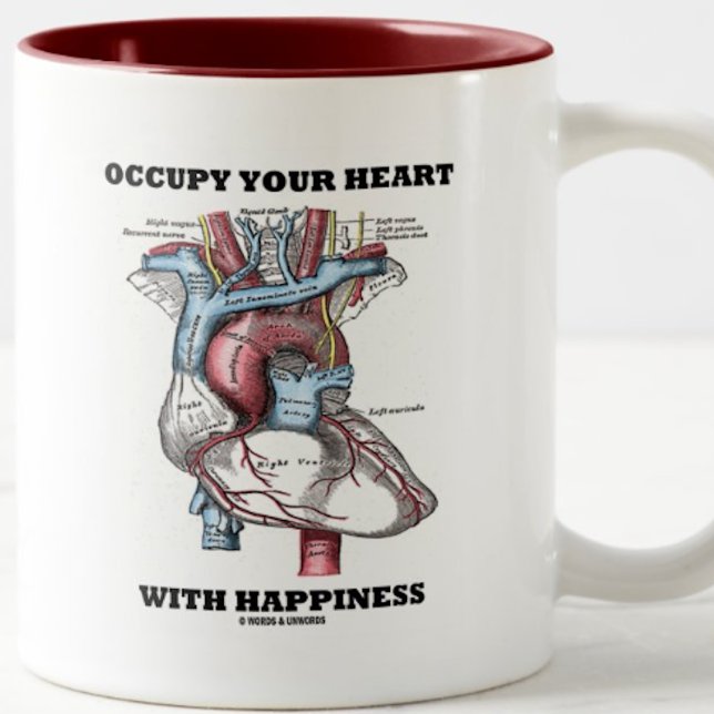 Herzensberuhigung (anatomisch) zweifarbige tasse (Mug featuring human heart anatomy with the anatomical advice "Occupy Your Heart With Happiness")