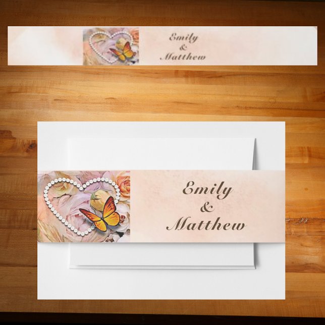 Herzerkrankungen, Orangefarbene Rose und Butterfli Einladungsbanderole (Heart Pearls, Orange Roses & Butterflies Wedding Invitation Belly Band)