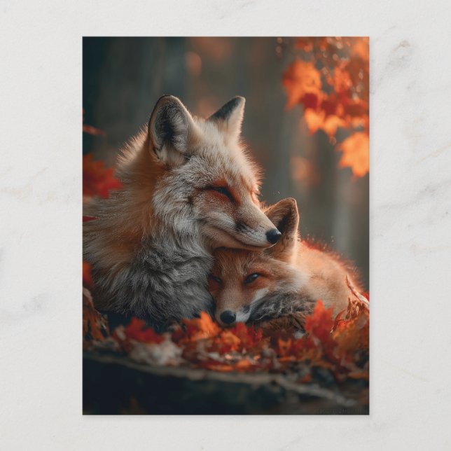 Herzerwärmendes Rotes-Fuchs-Paar im Herbstwaldlaub Postkarte (Vorderseite)