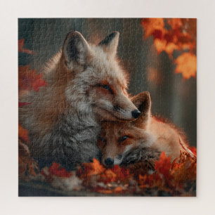 Herzerwärmendes rotes Fuchs-Paar zwischen Herbstwa Puzzle