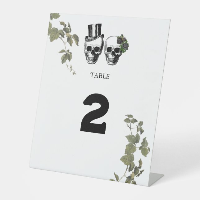 Herzflorale Skulls Hochzeit Tischnummer Sockelschild (Vorderseite)