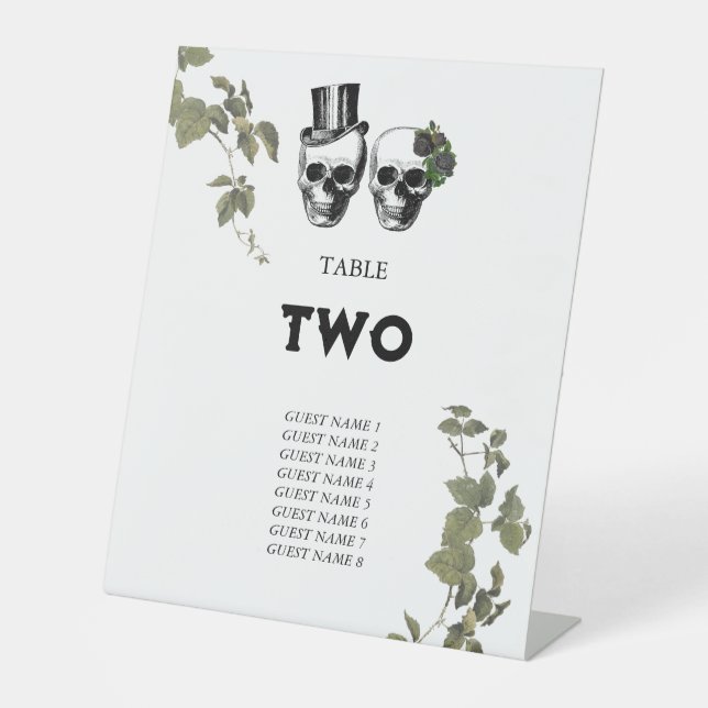 Herzflorale Skulls Hochzeit Tischnummer Sockelschild (Vorderseite)