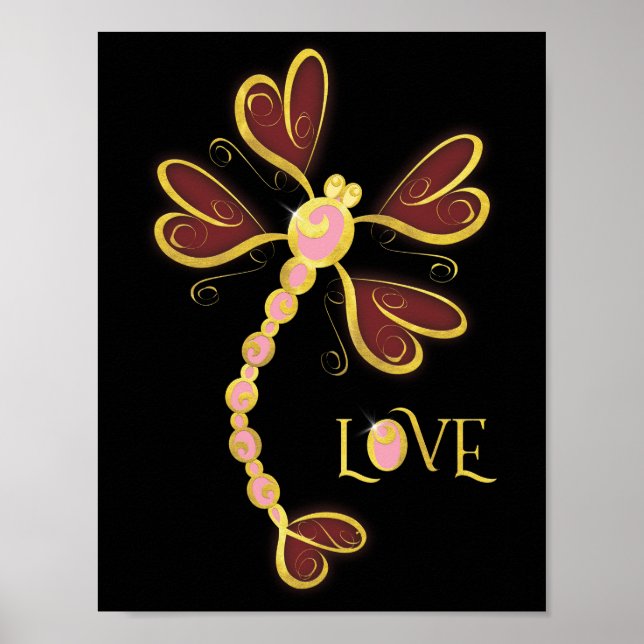 Herzflügel Dragonfly "Liebe" Gold hübsches Design Poster (Vorne)