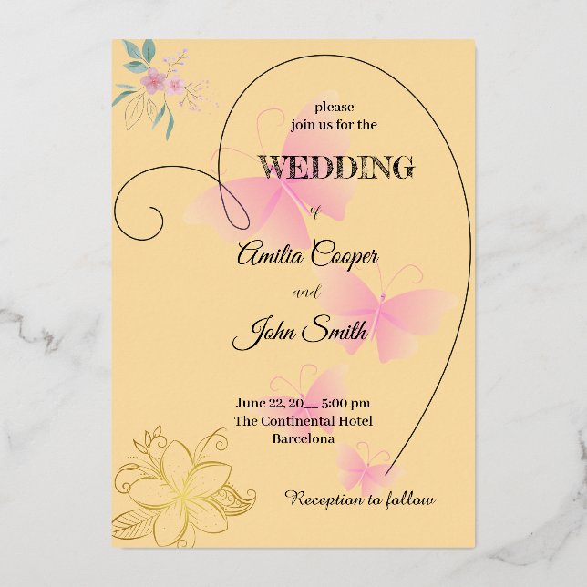 Herzform, Blütendesign, Schmetterlingsdesign Folieneinladung (Vorderseite)