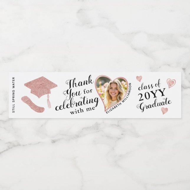 Herzform Foto Eleganter Abschluss Vielen Dank Wasserflaschenetikett (Einzelnes Label)