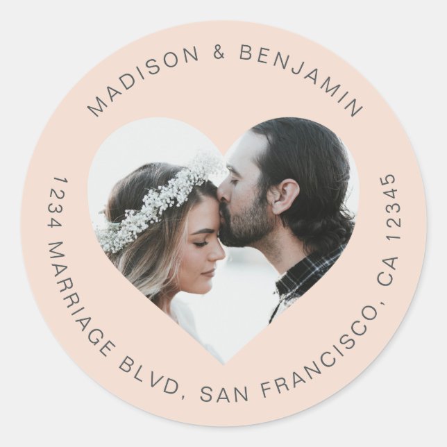 Herzform Foto Hochzeit Rücksendeadresse Rosa Runder Aufkleber (Vorderseite)