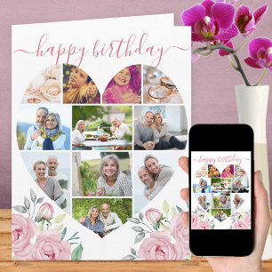 Herzförmige Foto-Collage mit 11 Bildern, rosa Pfin Karte