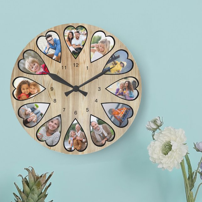 Herzförmige Fotos Pine Effect Runde große Uhr (Photo clock with 12 heart shaped photos. Unusual design for your home and a thoughtful photo gift.)