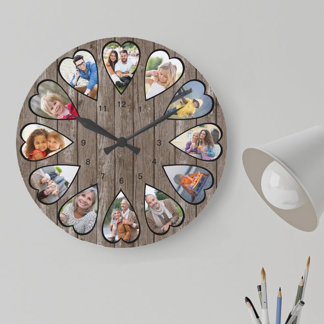 Herzförmige Fotos Rustikale Dunkelholz Große Uhr (Photo clock with 12 heart shaped photos. Unusual design for your home and a thoughtful photo gift.)
