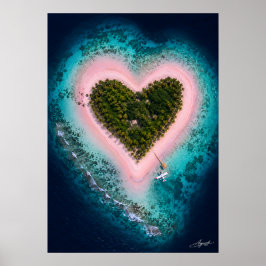 Herzförmige rosa Sandinsel Satellitenansicht Poster