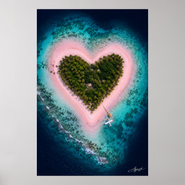 Herzförmige rosa Sandinsel Satellitenansicht Poster