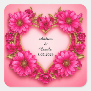 Herzförmiger Blumenrahmen mit rosa Blüten Quadratischer Aufkleber