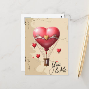 Herzförmiger Heißluftballon Romantischer Valentins Postkarte