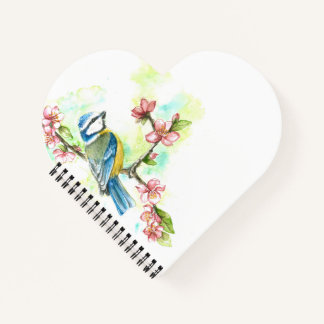 Herzförmiges Notebook mit Watercolor Blue Tit Notizbuch