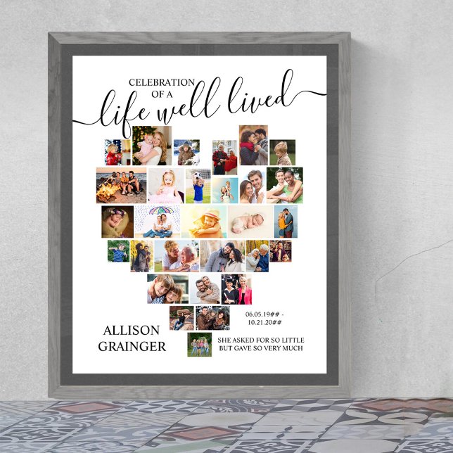 Herzfoto Collage Life gut gelebt Custom Beerdigung Poster (Funeral memorial poster to order professionally printed or as a printable digital download)