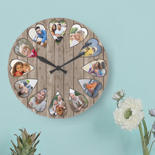 Herzgeformte Fotos Rustikales Braunholz Große Uhr (Photo clock with 12 heart shaped photos. Unusual design for your home and a thoughtful photo gift.)