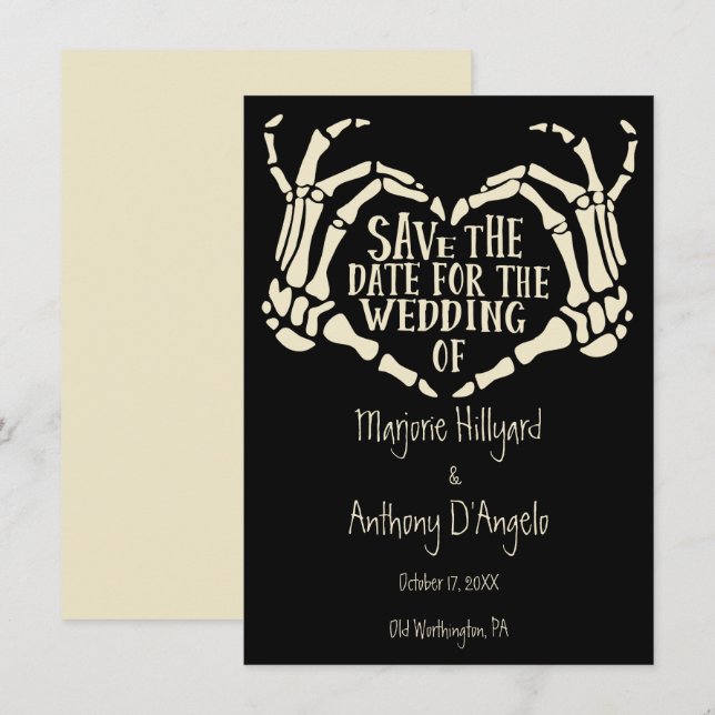 Herzgeformte Skeletthandschuhe Save the Date STD Einladung (Vorne/Hinten)