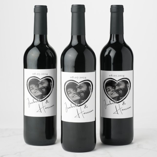 Herzgeformtes, benutzerdefiniertes Foto Schwarz un Weinetikett (Flaschen)