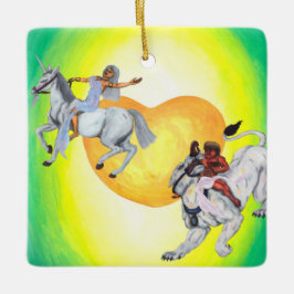 Herzgott reitet Lioness Göttin auf einem Einhorn Keramikornament