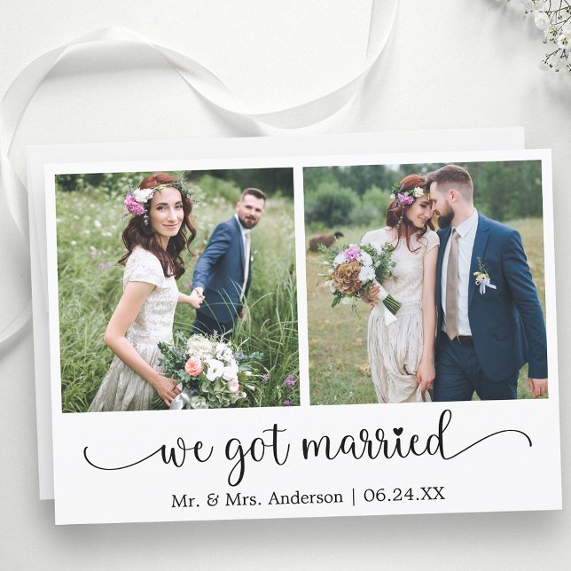 Herzkalligraphie Wir Got Verheiratet 2 Foto Ankündigung (Customize to change your personalized text size, text style or to add text to back of card.)