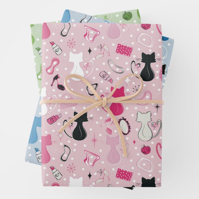 Herzkatzen des Mitteljahrhunderts Geschenkpapier Set (Beispiel)