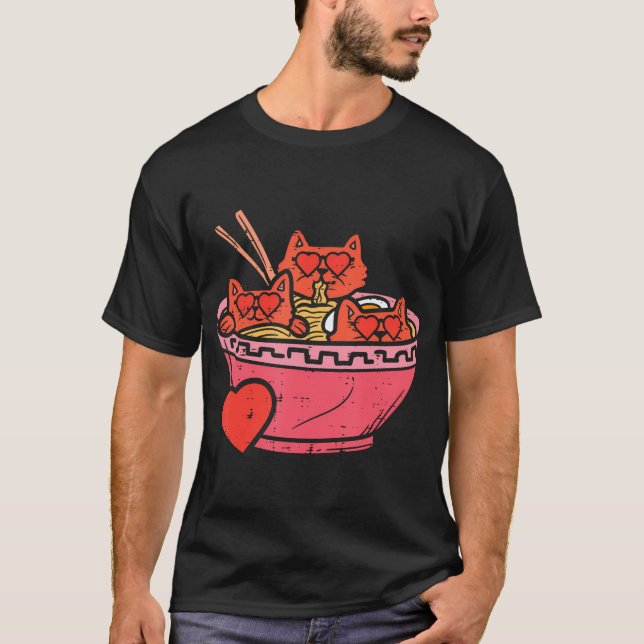 Herzkatzen Ramen Noodles Anime Niedlicher Valentin T-Shirt (Vorderseite)