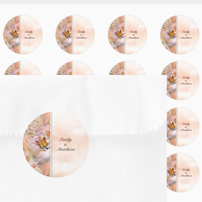 Herzklopfen Orange Rose Butterfisch Bläserfisch Runder Aufkleber (Heart Pearls Orange Roses Butterflies Floral Classic Round Sticker)