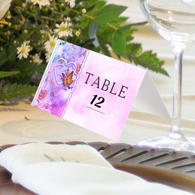 Herzklopfen Rosa Bläschen Schmetterling Tischnumme (Heart Pearls Pink Floral Butterfly Table Numbers)
