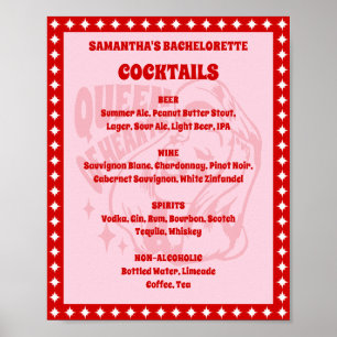 Herzkönigin-Junggesellinnen-Cocktail-Menü-Schild Poster