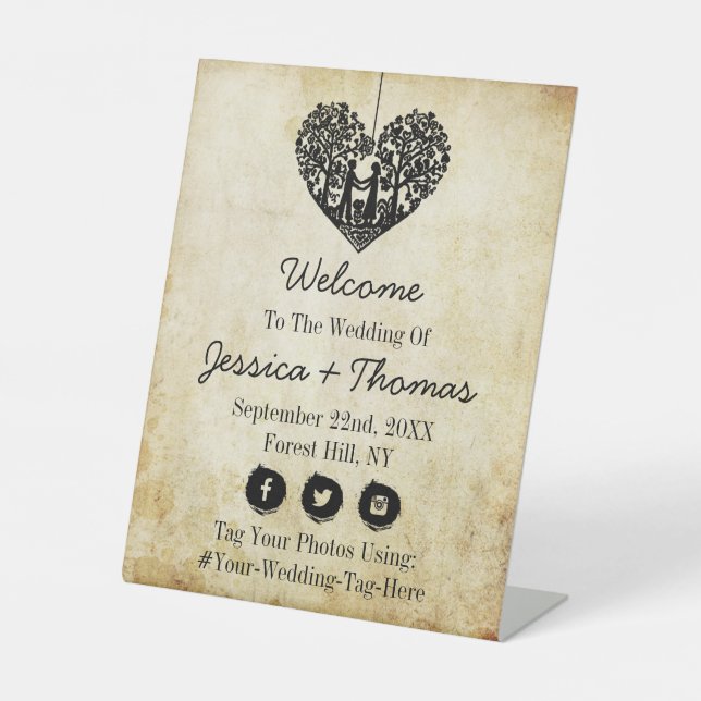 Herzlich willkommen bei der Hochzeit von Tree Vint Sockelschild (Vorderseite)