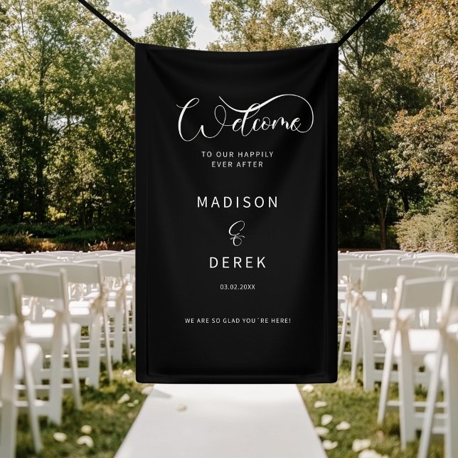 Herzlich willkommen bei uns! banner (Welcome to our happily ever after! Black + White Banner. Personalized with your name and date. )